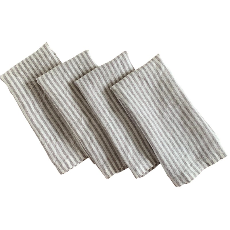 Eight Owls Linen Napkins â€“ Stonewashed Pure Linen Stripe Cloth Dinner Napkins â€“ Created from French Flax - Mitered Corners â€“ Set of 4 (Gray Stripe) - Image 1